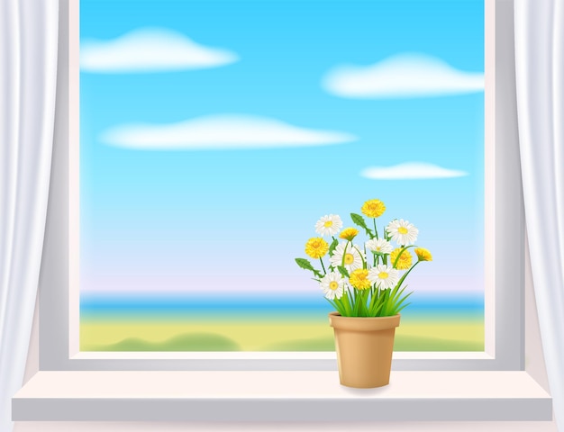 Окно в интерьере вид на пейзаж весенний цветочный горшок с цветами