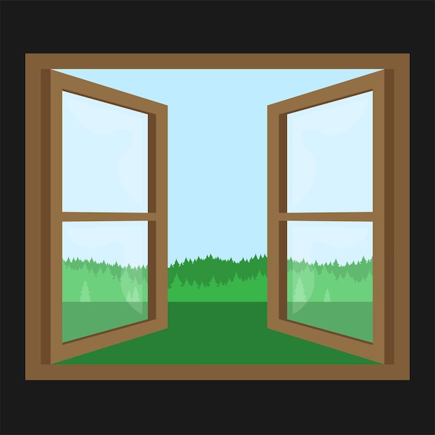 Окно с видом на зимний пейзаж Мультяшный плоский стиль Векторная иллюстрация