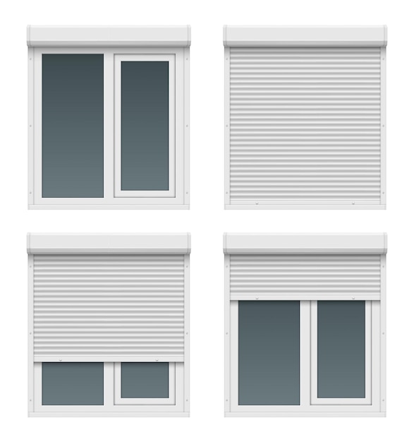 Porte avvolgibili per finestre forme di case bianche realistiche in metallo per finestre da vicino telai di persiane in plastica set di rulli vettoriali decenti