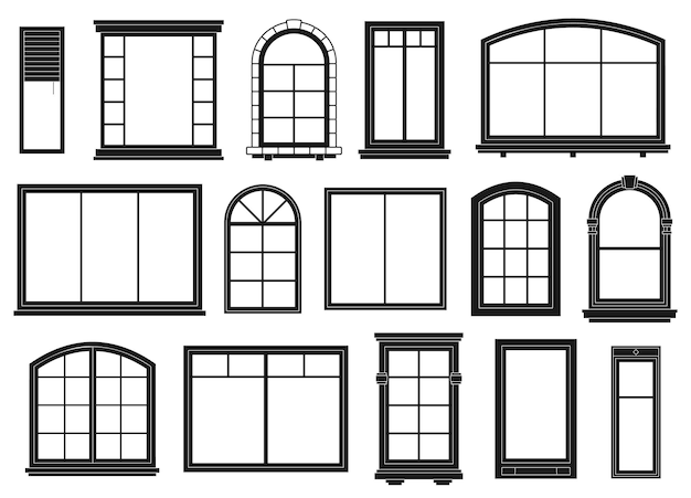 Window silhouettes. Exterior framing windows, black outline ornate arches and doors architectural building, isolated vector set. Architectural window exterior, line arch wooden outline illustration