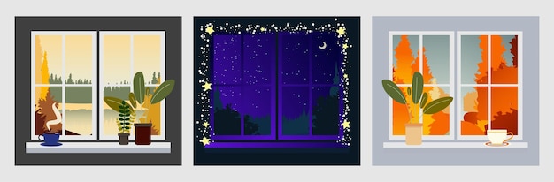 Window view of night starry sky with fairy lughts. Cozy editable vector