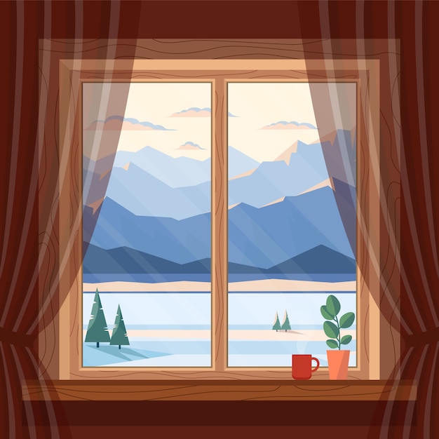 Вид из окна на утренние и вечерние голубые горы, снег, ель и реку зимой |  Премиум векторы