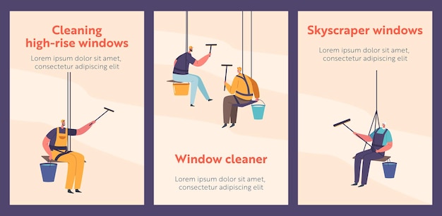 Window Washers Cartoon Banners Male Characters in Uniform with Equipment Cleaning Building Glass Professional Cleaners