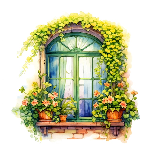 Vector window with beautiful sunset view vector watercolor hand painting