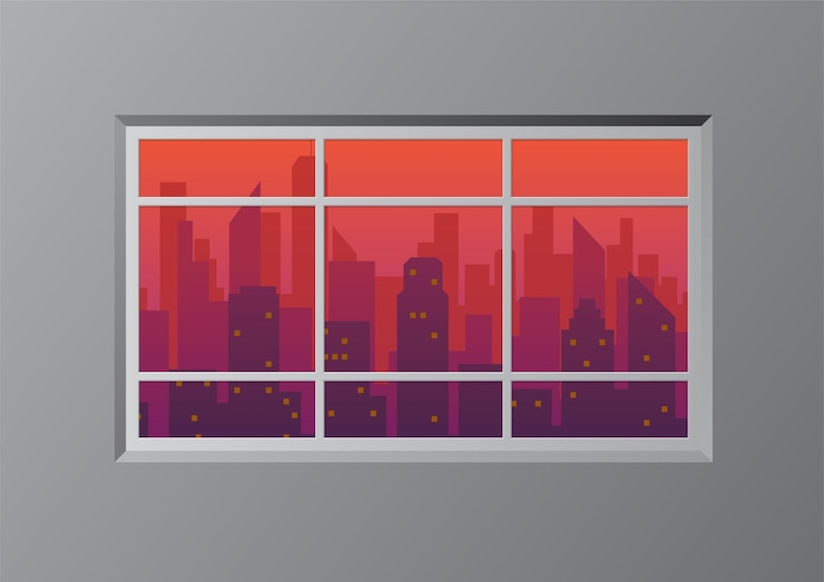 Vector window with city skyline at dusk