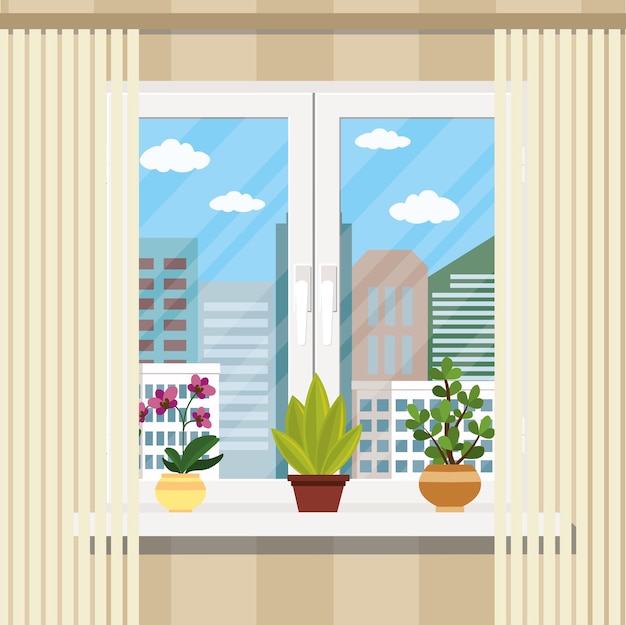 Window with curtain and flowers in pots