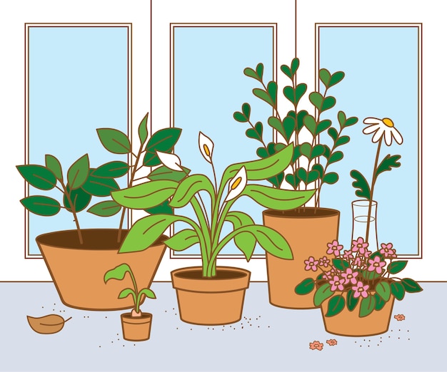 Vector window with pot flowers