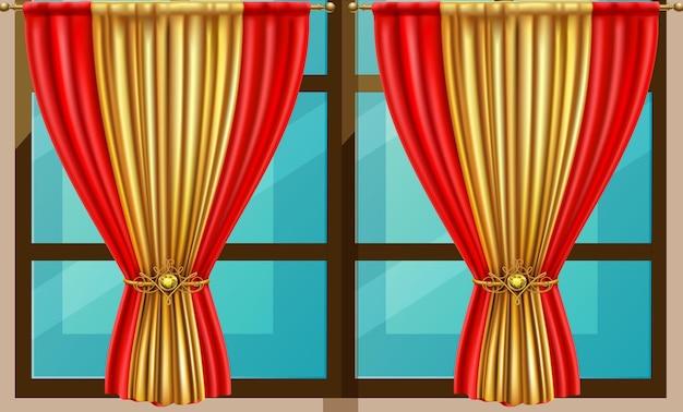 A window with a red curtain and a gold bow.