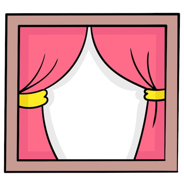 Vettore la finestra con le tende rosse, le tende aperte. emoticon di cartone. disegno dell'icona scarabocchio, illustrazione vettoriale