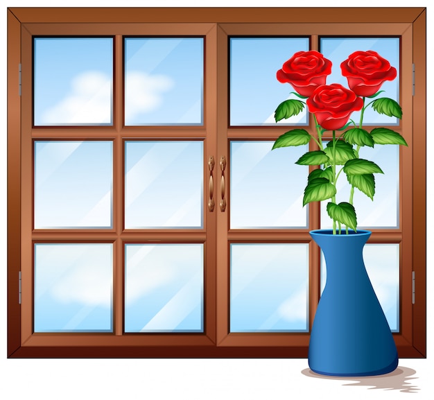 Vector window with roses in vase