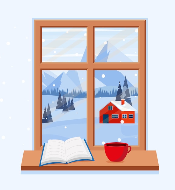Vettore finestra con un paesaggio invernale. bella cartolina di natale. eps 10