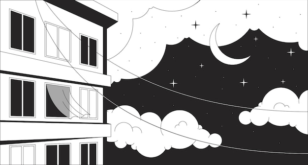 Vector windows apartment building night black and white lo fi chill wallpaper