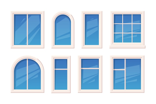 windows. architectural glass object window rame different types outdoor garish vector set. illustration glass facade window, decoration structure building