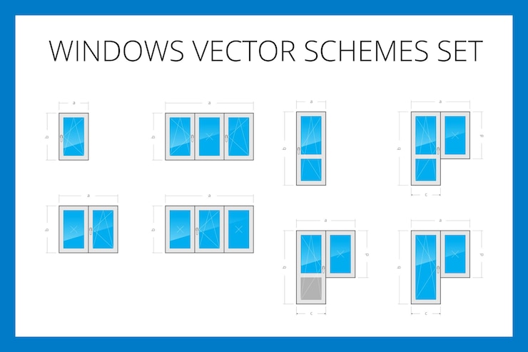 Vector windows and doors types scheme vector set with size indications