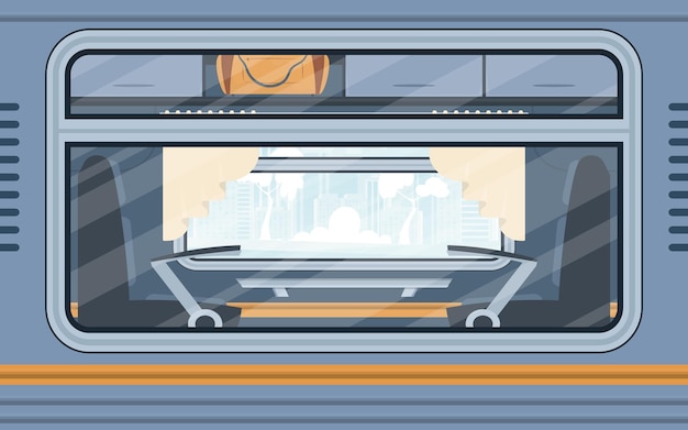 Vector windows of an empty commuter train electricity outside cartoon style flat style