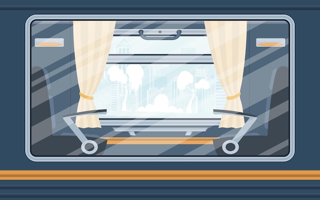 Windows of an empty commuter train rail transport is shown outside cartoon style flat style