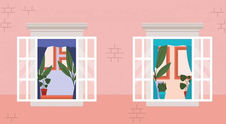Vector windows from outside with view into the pink house vector design