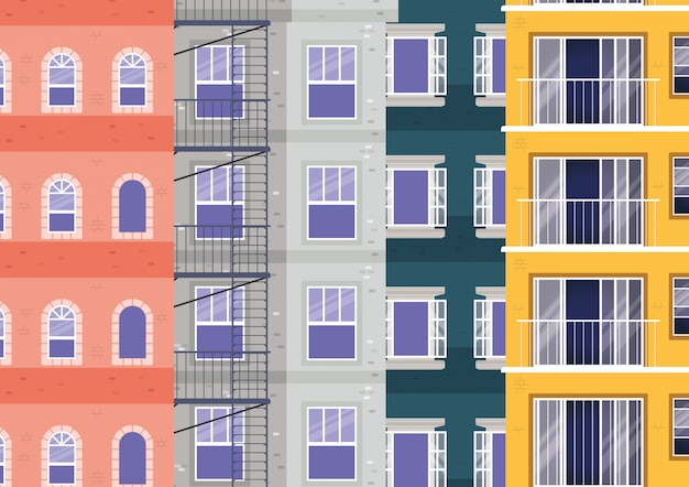 Windows outside colored buildings vector design