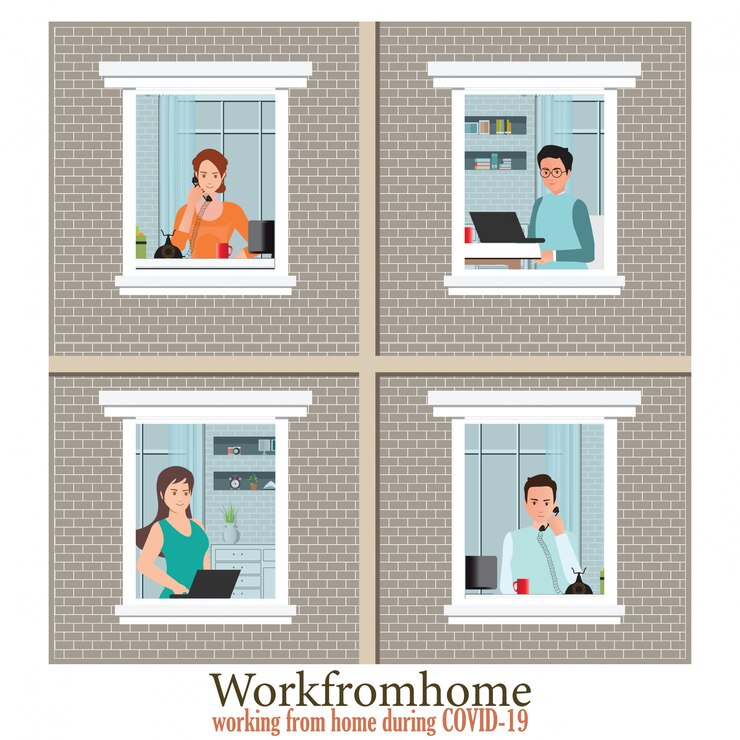 Vector windows with employees are working from home to avoid spreading covid-19.