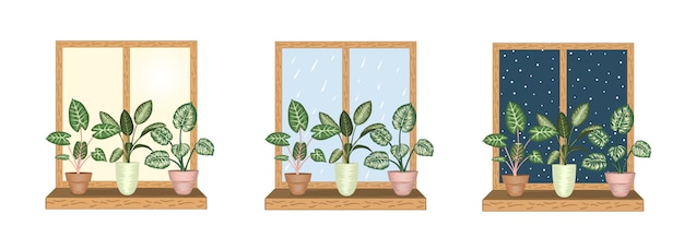 Windows with tropical houseplants in pots. rainy,  snowy,  sunny weather views. watercolor style.