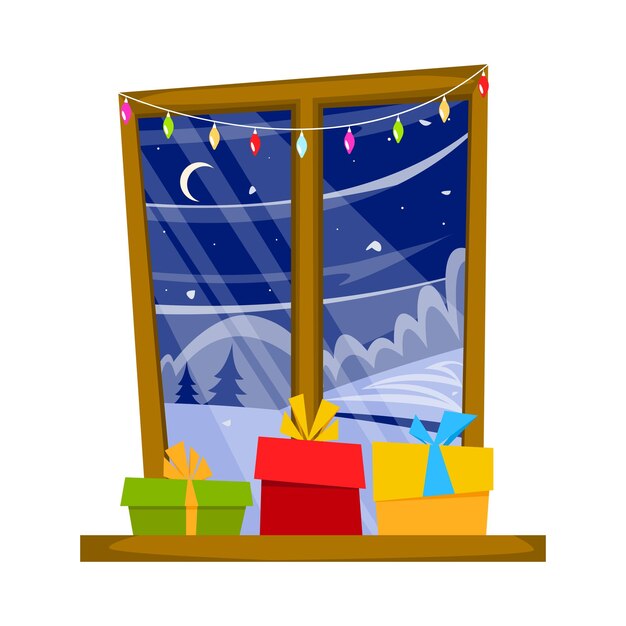 Windows with winter landscape and gifts concept of christmas new year vector flat illustration