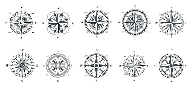 Windroos kompas. Vintage mariene kompassen, nautische zeilen navigatie reizen borden, retro pijlen aanwijzer vector symbolen. Kompasrichting, nautische reisverkenningshulpmiddelen illustratie