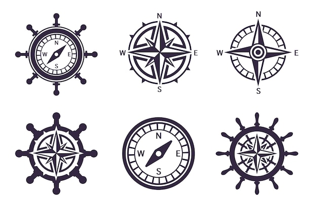 Vector windroos roer en kompas combinatie iconen set