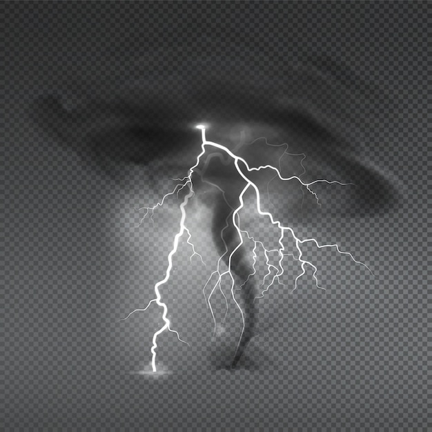 Windstofspray realistische compositie met transparant en afbeelding van tyfoon orkaanwolk met bliksemschichtillustratie