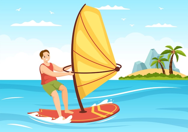 Windsurfen met persoon die op de zeilboot staat in watersport cartoon hand getekende illustratie