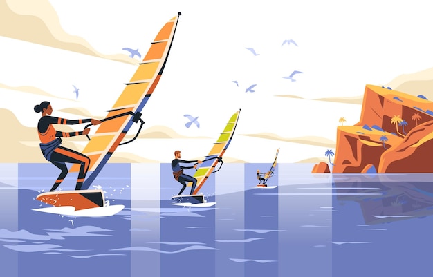 windsurfers on ocean near cliffs and seagulls in sky colorful dynamic water sport scene coastal landscape