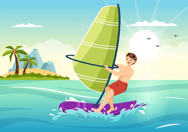 Вектор Виндсерфинг с человеком, стоящим на парусной лодке в карикатуре на водные виды спорта, нарисованной вручную