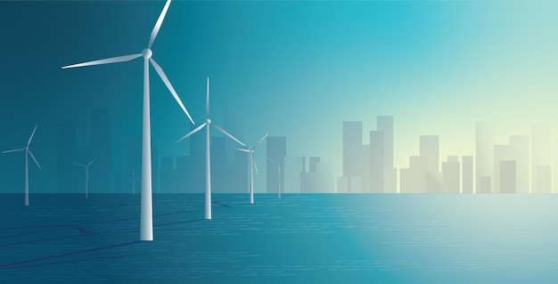 Windturbinepark op zee duurzame groene energie stad blauwe achtergrond