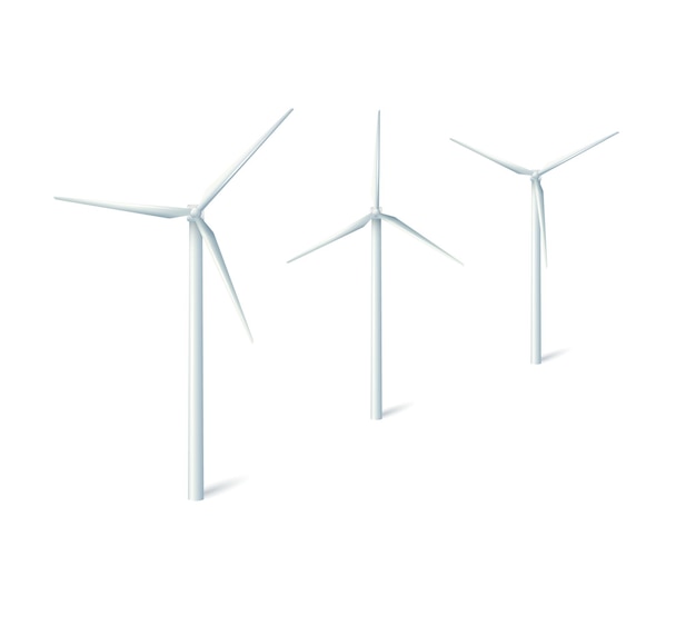 Windturbines windmolens energie stroomgeneratoren witte torens met lange schoepen voor de productie