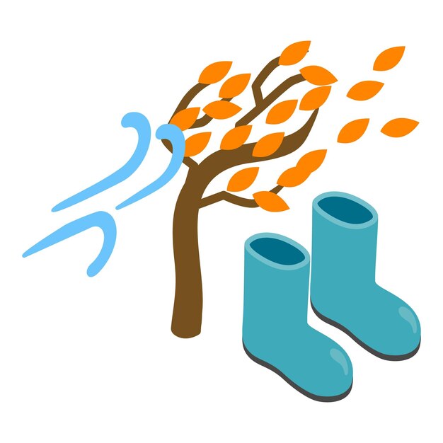 Vector windy weather icon isometric vector gust of wind autumn tree and rubber boot autumn stormy weather seasonal footwear blue gumboot