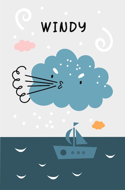 カワイイ雲のキャラクターと風の天気ポスターかわいい赤ちゃんの海の景色