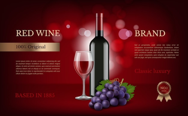 ワイン広告テンプレート。ブドウとワインのリアルな写真