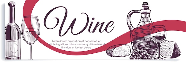 Vector wine banner alcohol promo hand drawn engraving vector illustration