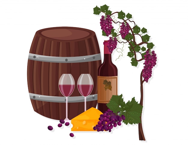 Vector wine barrel and grapes vine