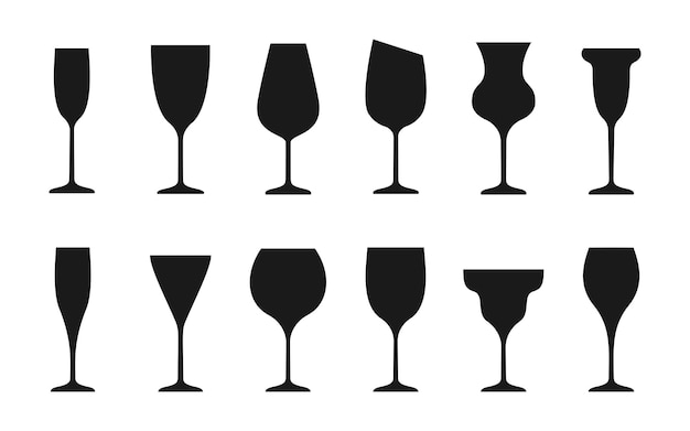 Wine black glass silhouette icon set Object for mobile app and website Bar symbol logo for store