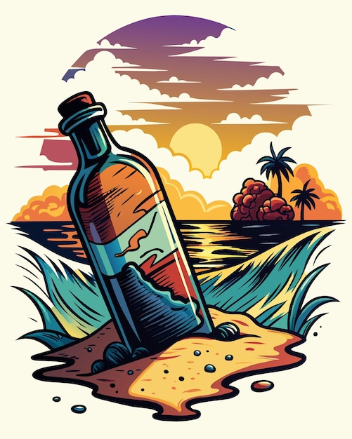 Vettore bottiglia di vino sulla spiaggia illustrazione vettoriale in stile retro