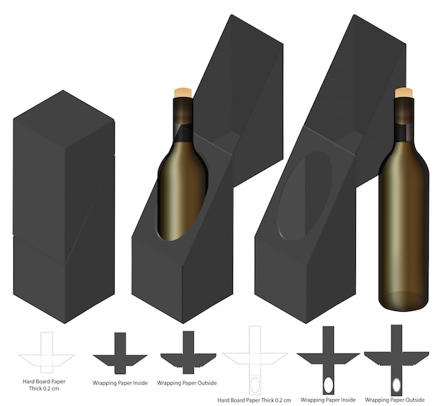 Vettore design del modello fustellato dell'imballaggio della bottiglia di vino.