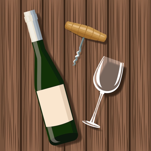 Vector wine bottle and cup over wooden background