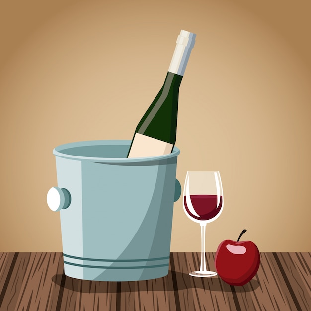 Wine bottle and cup on wooden table