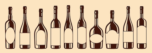 Wine bottle different shapes vintage set various alcohol beverages champagne engraving line design