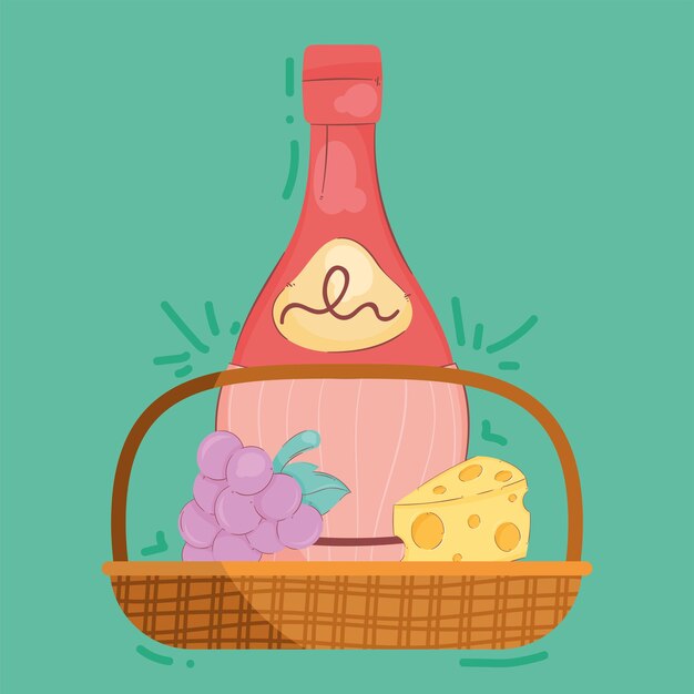 Vector wine bottle and food in basket