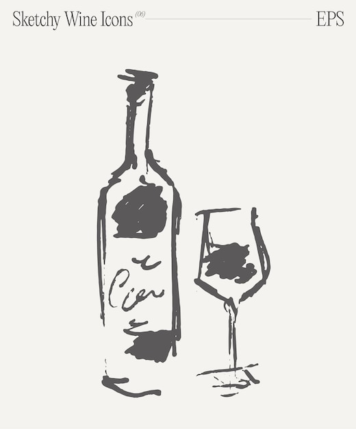 Wine bottle and glass alcohol minimalistic sketch hand drawn vector illustration isolated