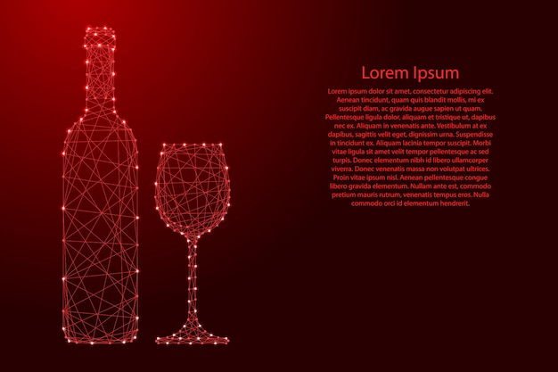 Wine bottle and glass from futuristic polygonal red lines and glowing stars for banner, poster, greeting card. 