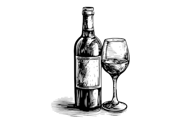 Vettore bottiglia di vino e bicchiere illustrazioni vettoriali in stile schizzo con incisione disegnata a mano