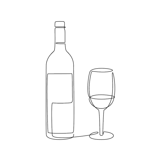 Wine bottle and glass line . Continuous black one line drawing.  illustration