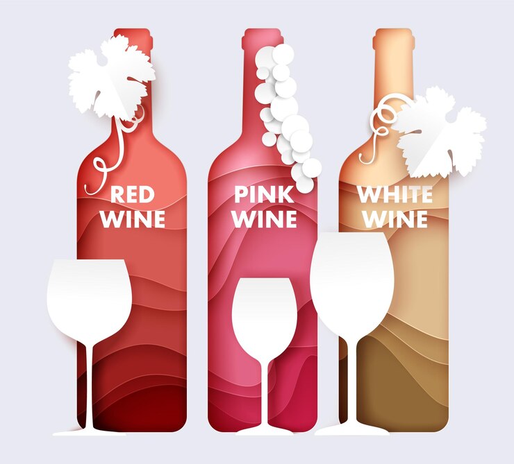 Vector wine bottle and glass set vector illustration in paper art style grape red pink white wine